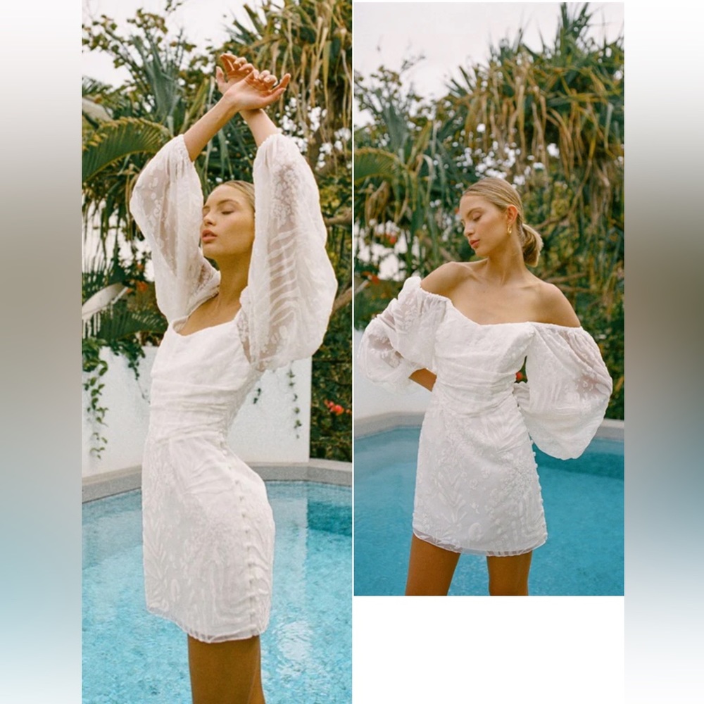 Off-Shoulder Lace Sleeve White Mini Dress, Size XS